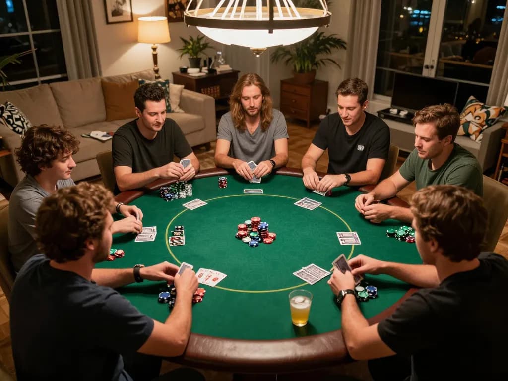 Players enjoying a thrilling game of poker at home with fb88-themed decorations, showcasing lively competition and camaraderie.