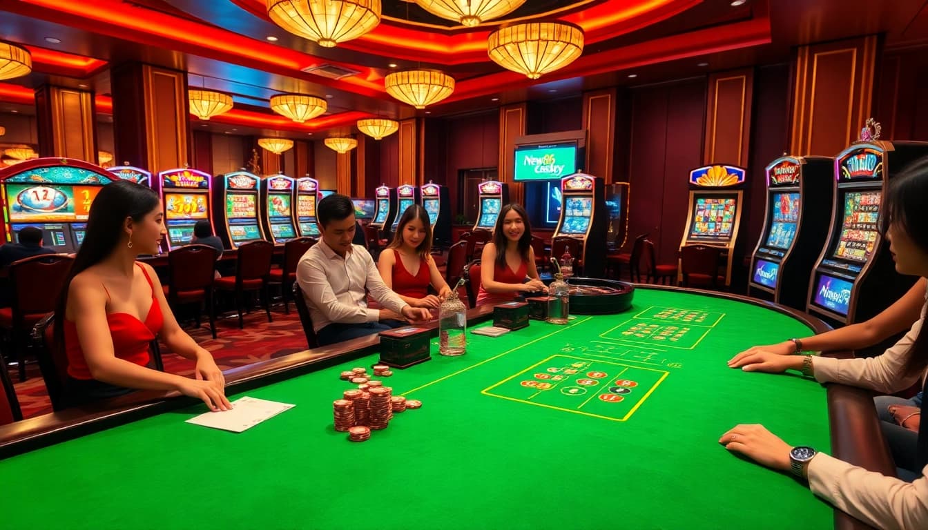 Experience the thrill of NEW88 Trang chủ through an immersive casino scene with vibrant tables and games.