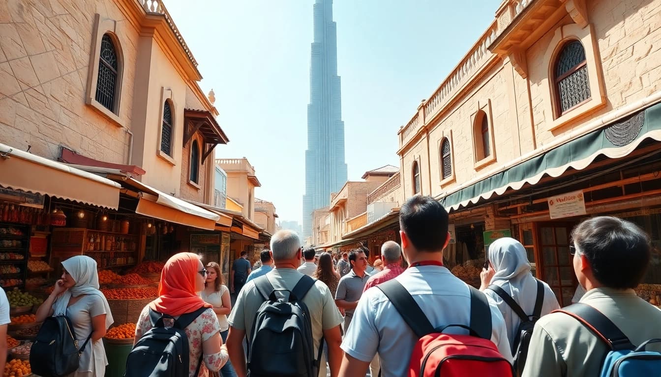 Participants on a half day dubai city tour admiring the Burj Khalifa in vibrant Dubai streets.