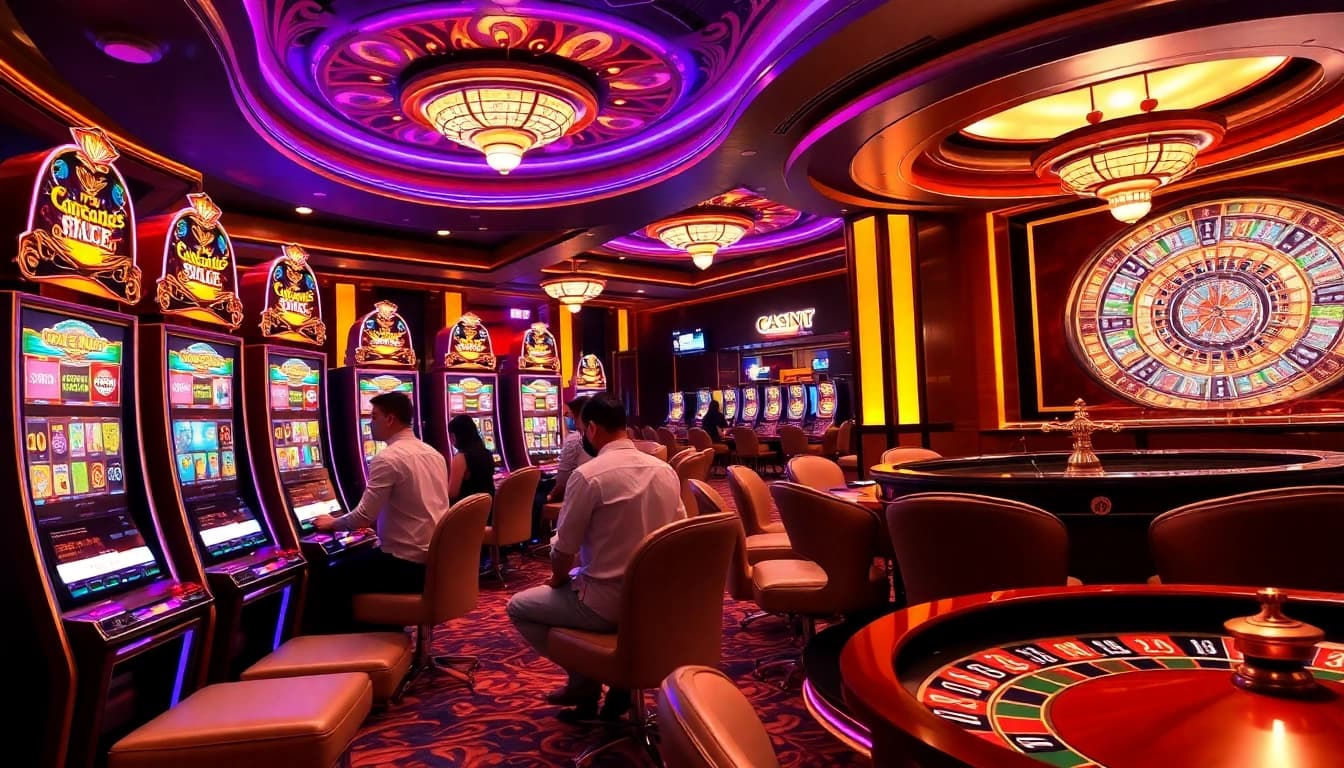 Pemain menikmati mesin slot pulsa yang berwarna-warni dengan jackpot menarik dan lampu berwarna cerah.