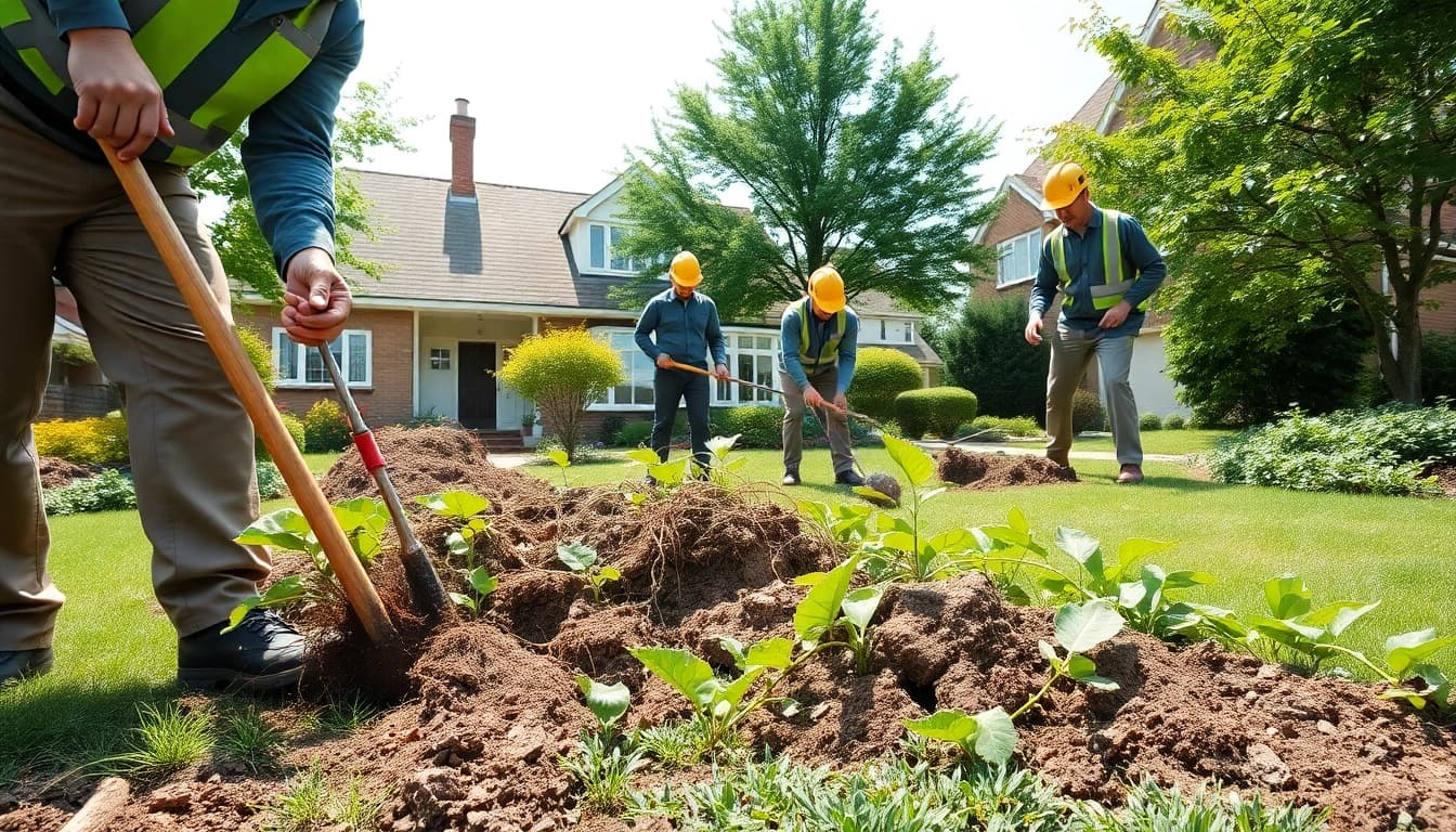 Japanese Knotweed Removal by experts in garden setting with professional equipment.
