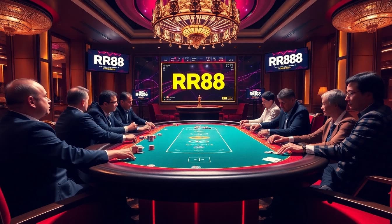 RR88 poker game in a luxurious casino lobby with vibrant lighting and elegant decor.