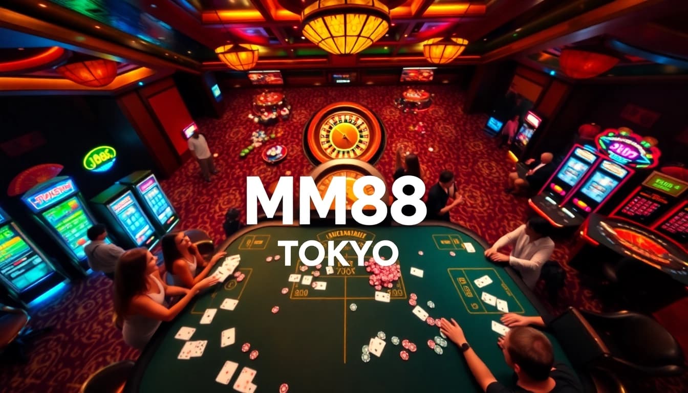 Experience the excitement of MM88 Tokyo at a luxurious casino table with vibrant gaming elements.