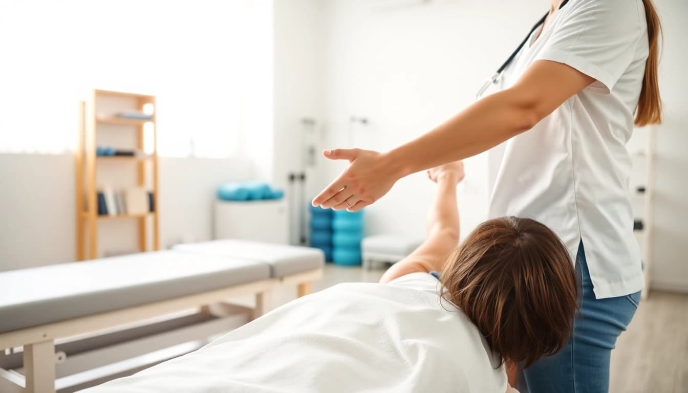 Patient receiving Physiotherapie treatment with attentive therapist in modern clinic.
