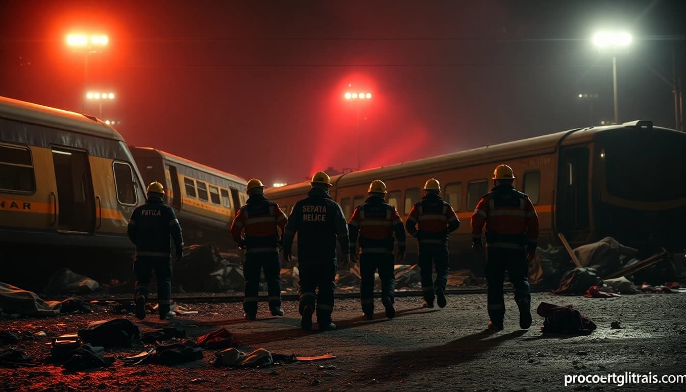 First responders diligently assess the Spain train crash aftermath amidst wreckage and chaos.