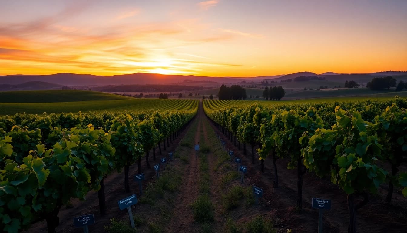 Carksburg CA vineyard at sunset with vibrant grapevines and rolling hills.