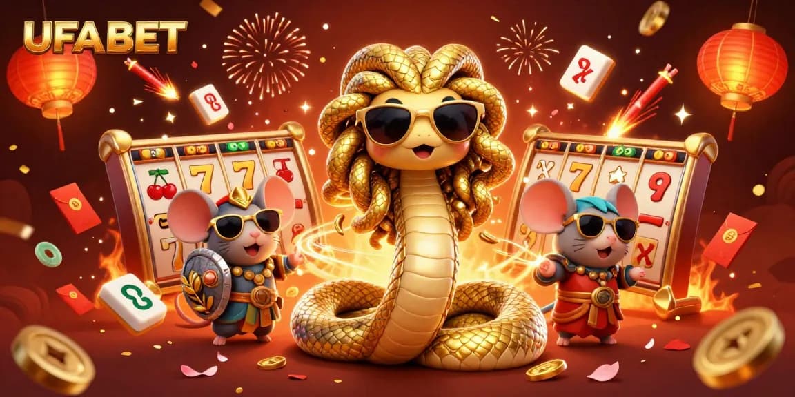 Experience the thrill of UFABET with Medusa and a mouse warrior amidst slot reels and festive elements.