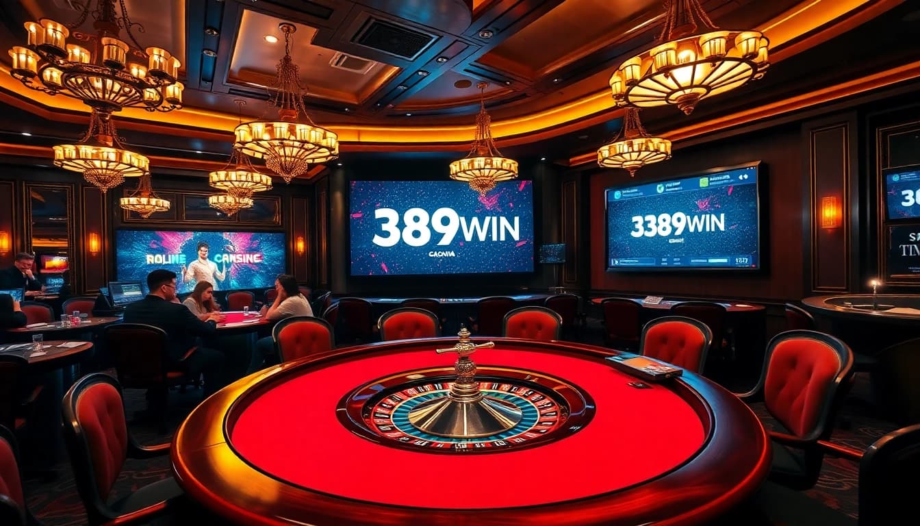 Experience the thrill of 389WIN at a luxurious casino with poker tables and roulette wheels.