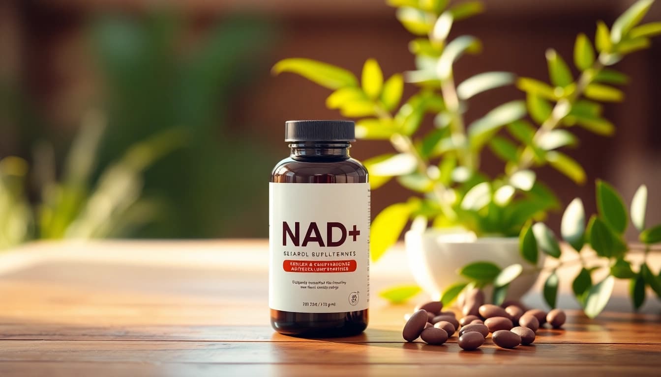 NAD+ supplements displayed elegantly in a wellness setting promoting health vitality.