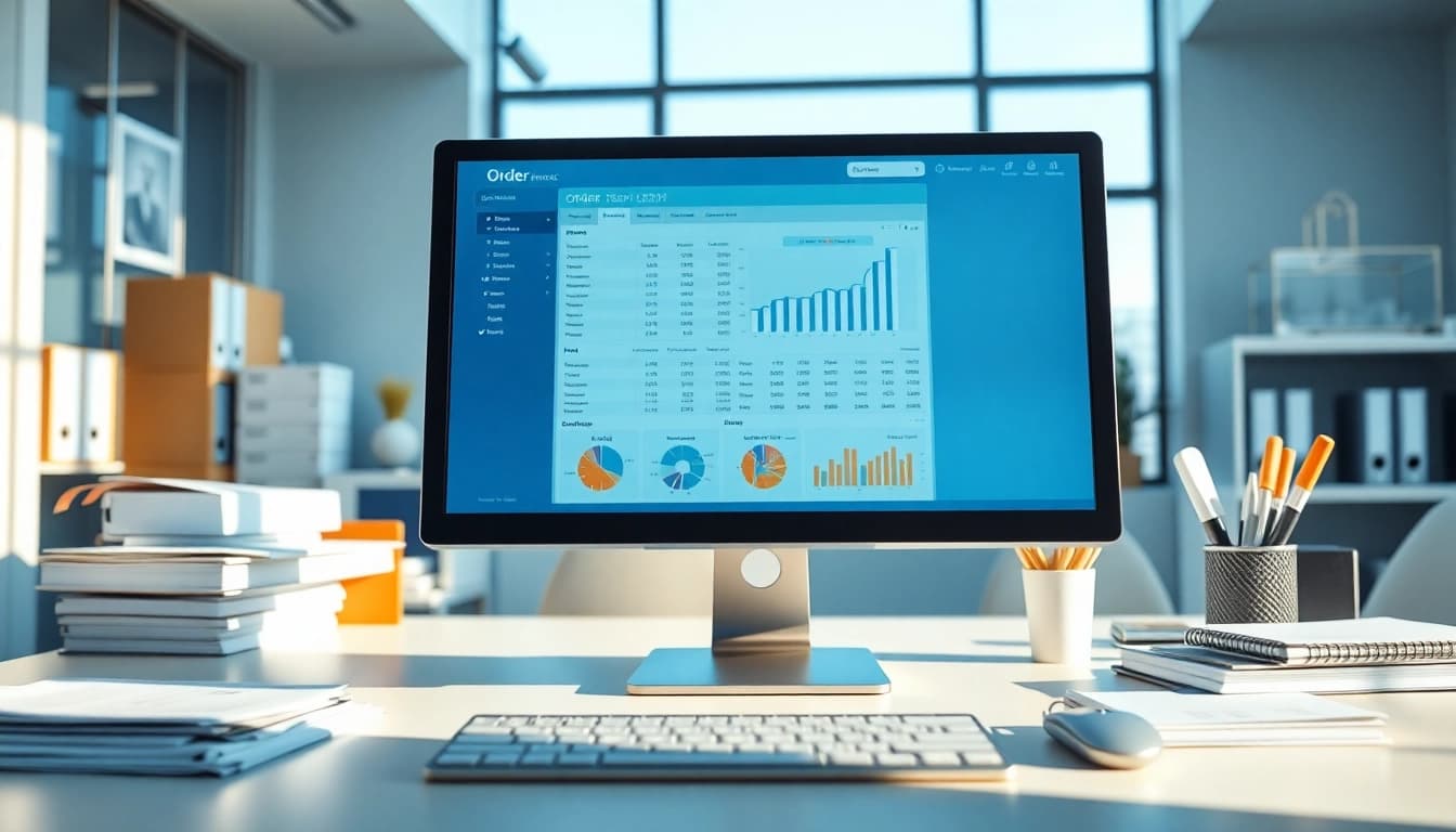 Enhance order processing software efficiency with a modern interface in a professional office.