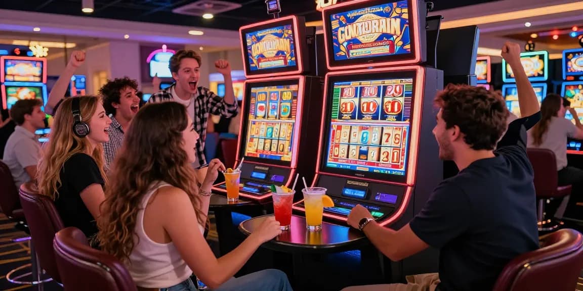 Friends celebrating a big win at a slot machine in a vibrant casino.