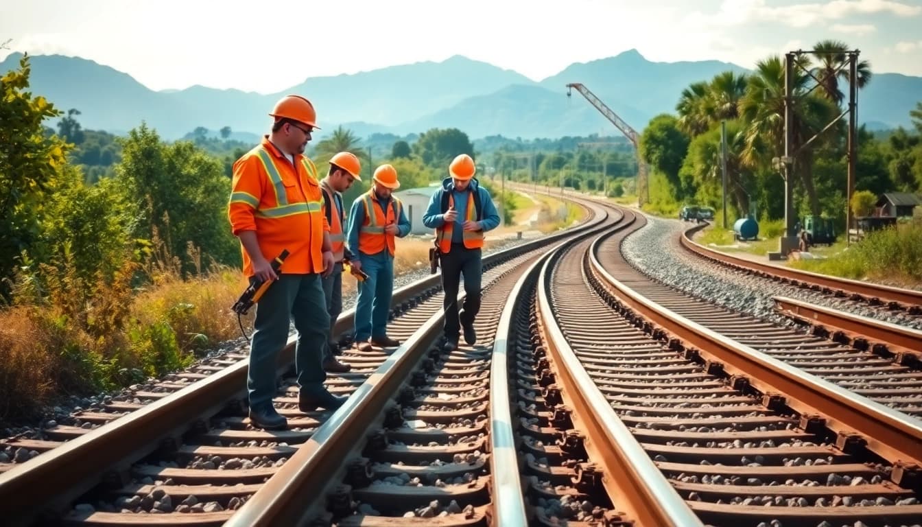 Railroad Maintenance crew conducting inspections on railway tracks with tools and equipment.