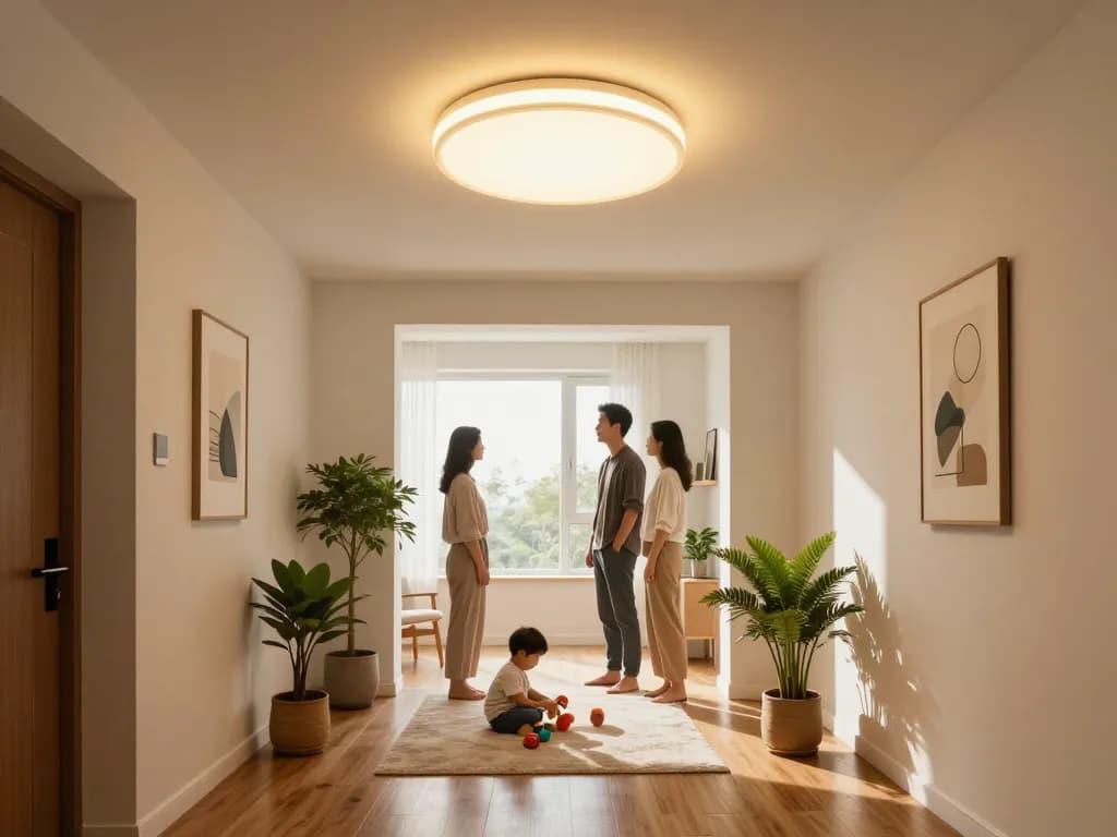 Stylish hallway light fixtures illuminating a cozy family space with warm sunlight.