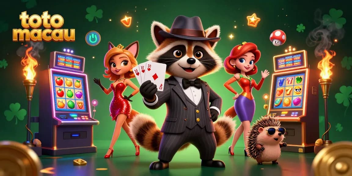 Experience the excitement of toto macau with a suave raccoon, a charming fox, and a bouncer amid colorful slot machines.