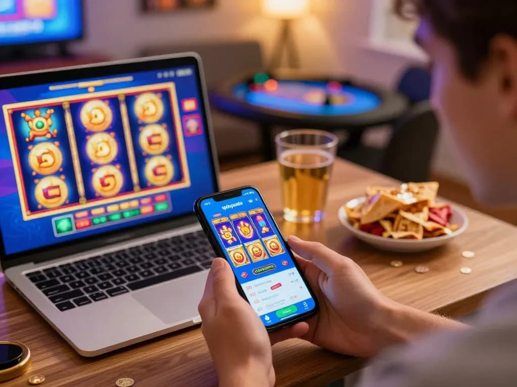 Player enjoying the spinpanda app on smartphone, vibrant casino setting with exciting graphics.