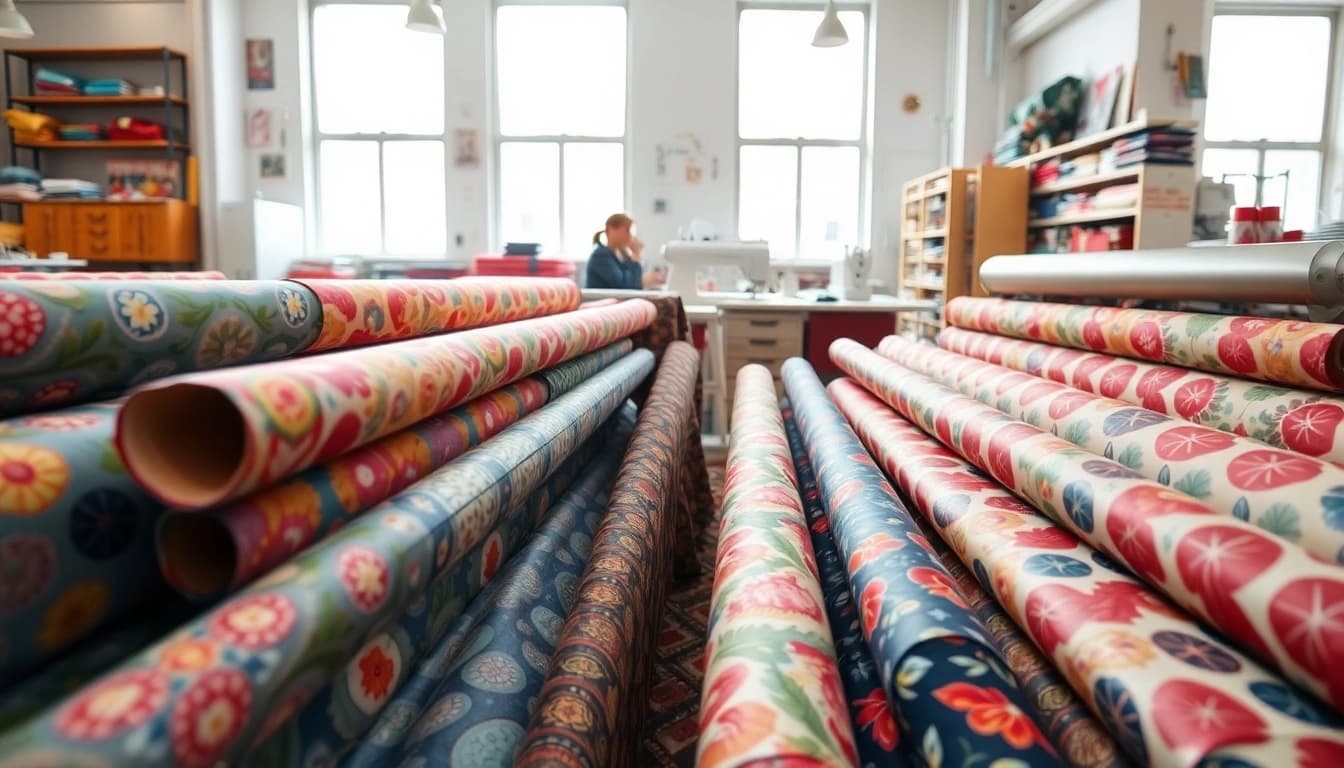 Beeld van bedrukte katoenen stoffen in een vrolijke stoffenwinkel met kleurrijke ontwerpen.