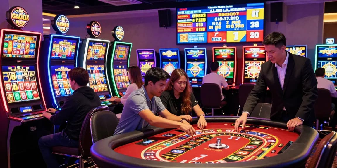 Players enjoying slot gacor games in a lively online casino atmosphere filled with excitement.