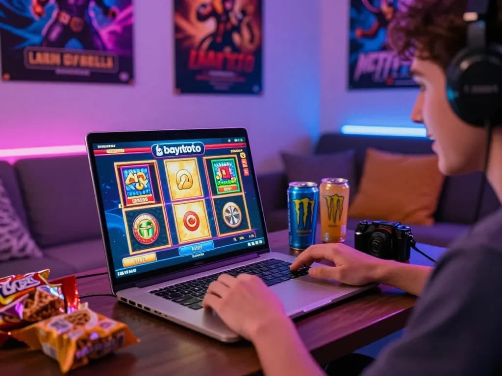 Exciting gaming scene with bayitoto logo highlighted on laptop as player wins online slots.