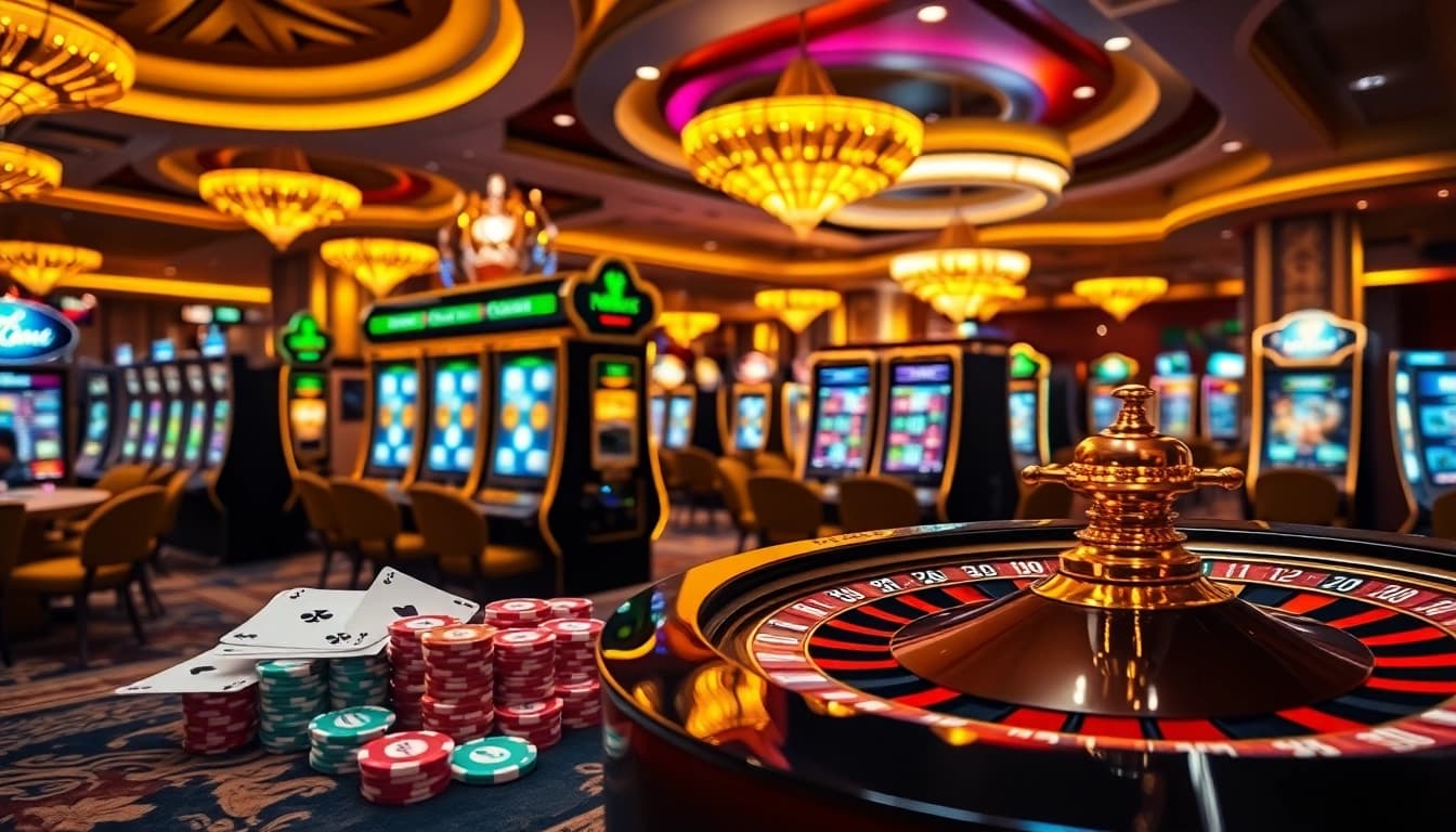 Experience the thrill of link slot gacor in a glamorous casino scene with captivating slot machines and vibrant action.