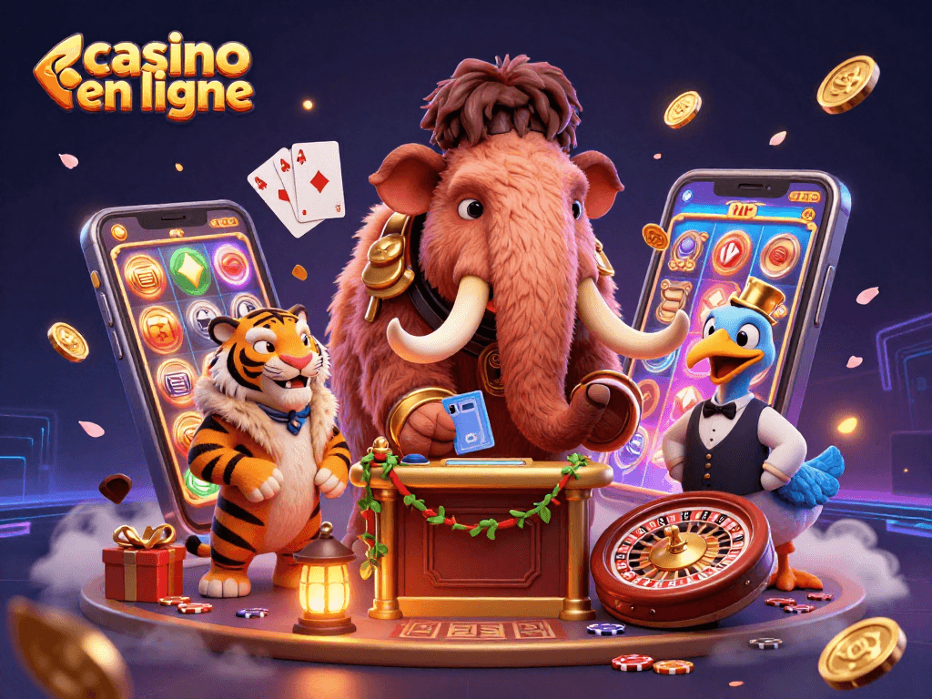 Profitez des jeux de casino en ligne avec des personnages animés dans une scène colorée.