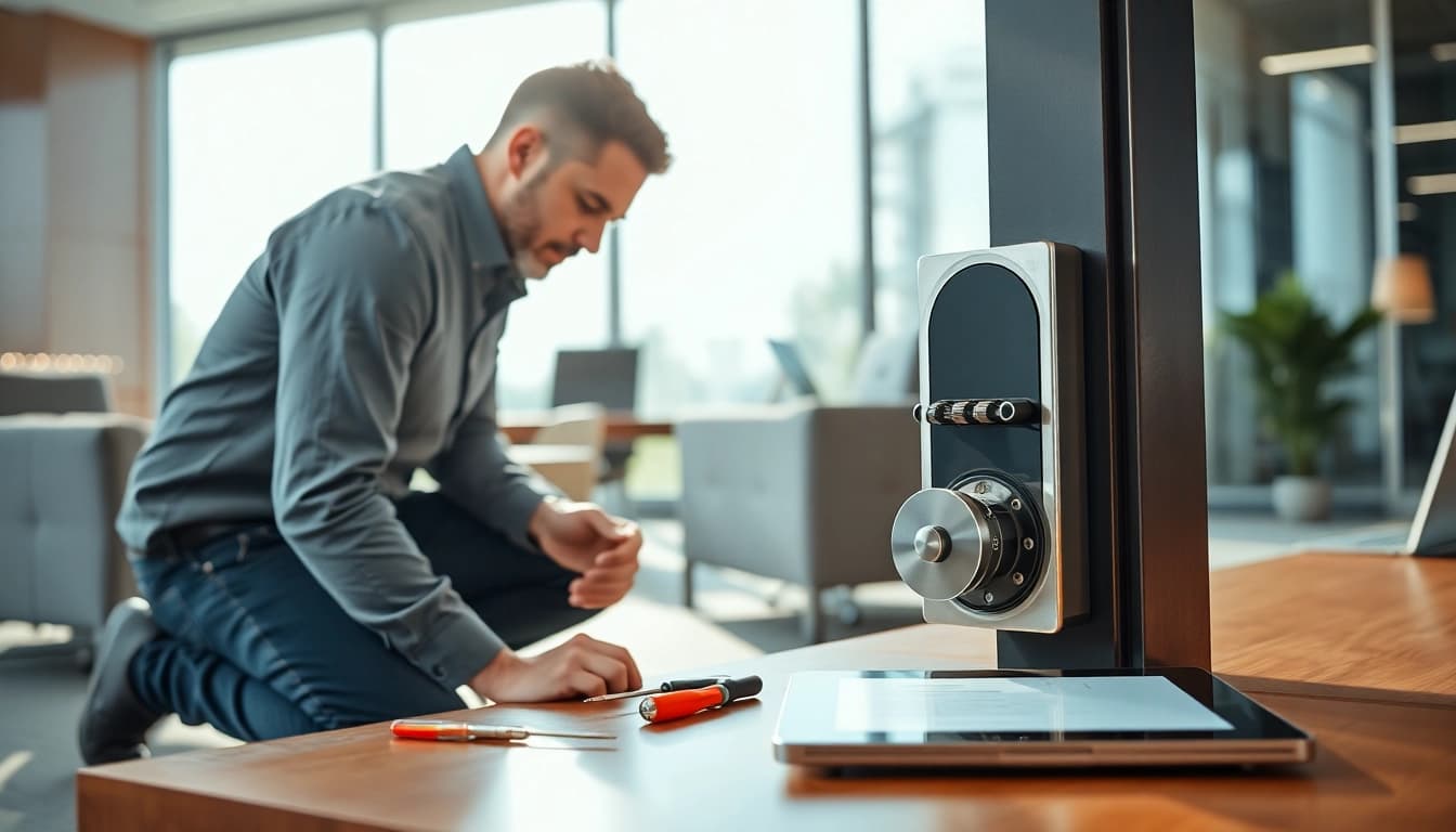 Business lock replacement service highlighted as a professional locksmith works in an office setting.