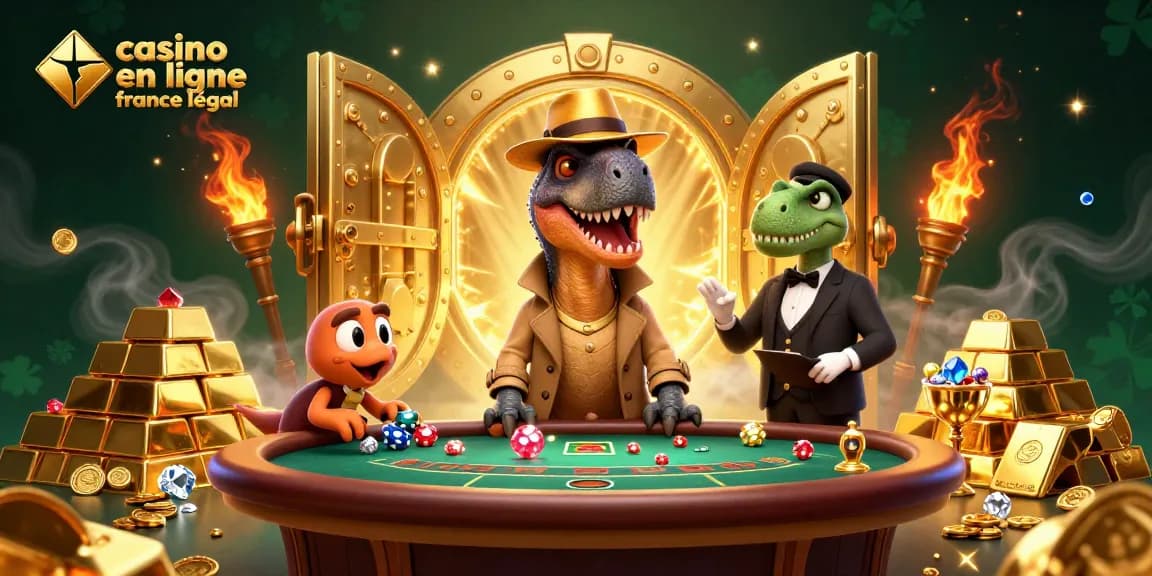 Illustration d'un casino en ligne France légal avec un vélociraptor comptant des cartes à une table de blackjack.