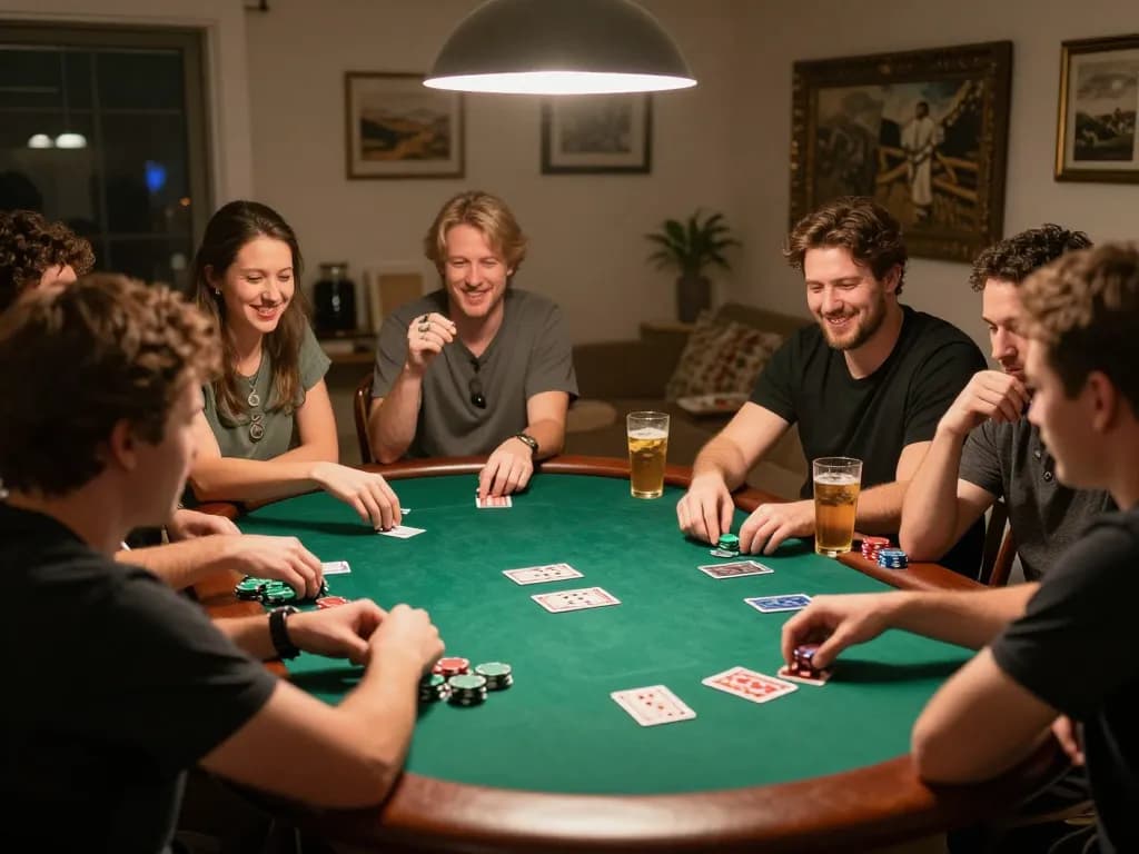 Friends playing poker at home during a fun night showcasing 888 VI gaming strategies