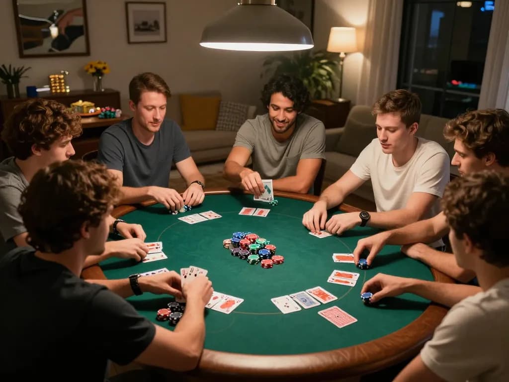 Friends enjoying a lively poker night at home with Keonhacai strategies in action.