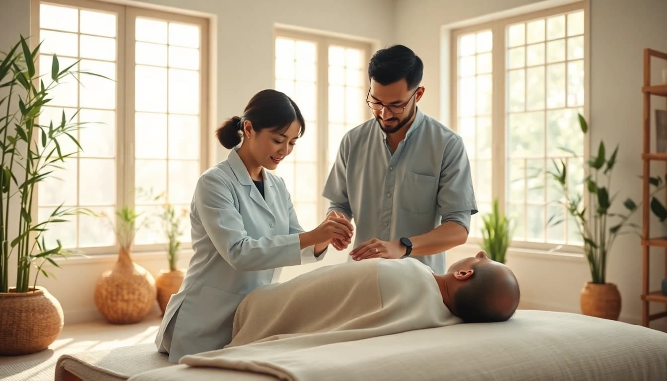 Terapi TCM dengan akupunktur yang menenangkan dan desain minimalis di ruangan yang cerah.