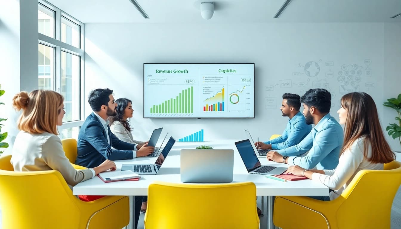 Achieving Revenue growth through collaborative business strategies in a bright office.