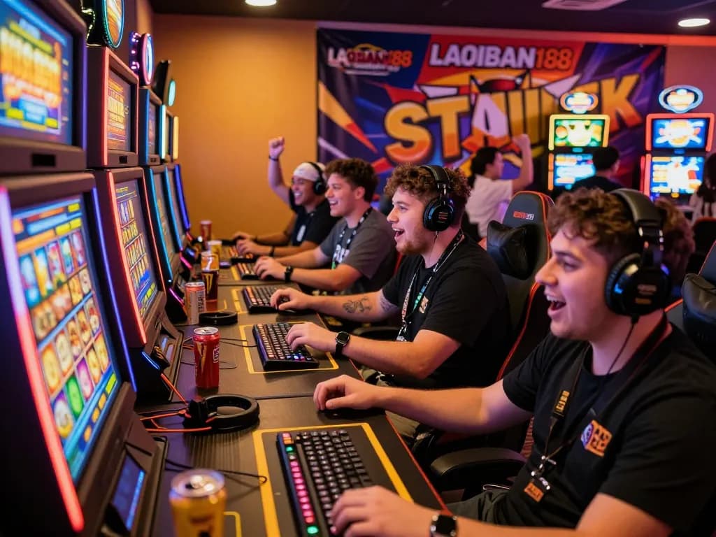Suasana permainan yang menarik menampilkan pemain yang terlibat dengan slot online laoban188, merayakan kemenangan dalam suasana yang hidup.