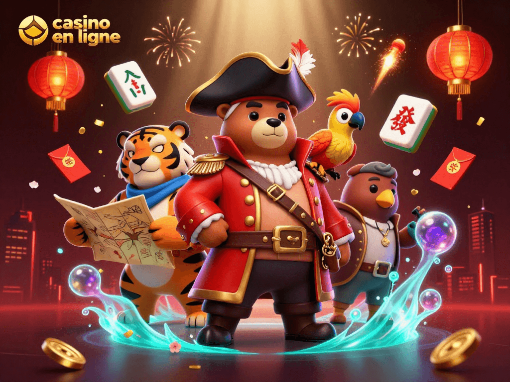 Jouez sur un casino en ligne avec ambiance festive, personnages captivants et décorations brillantes.