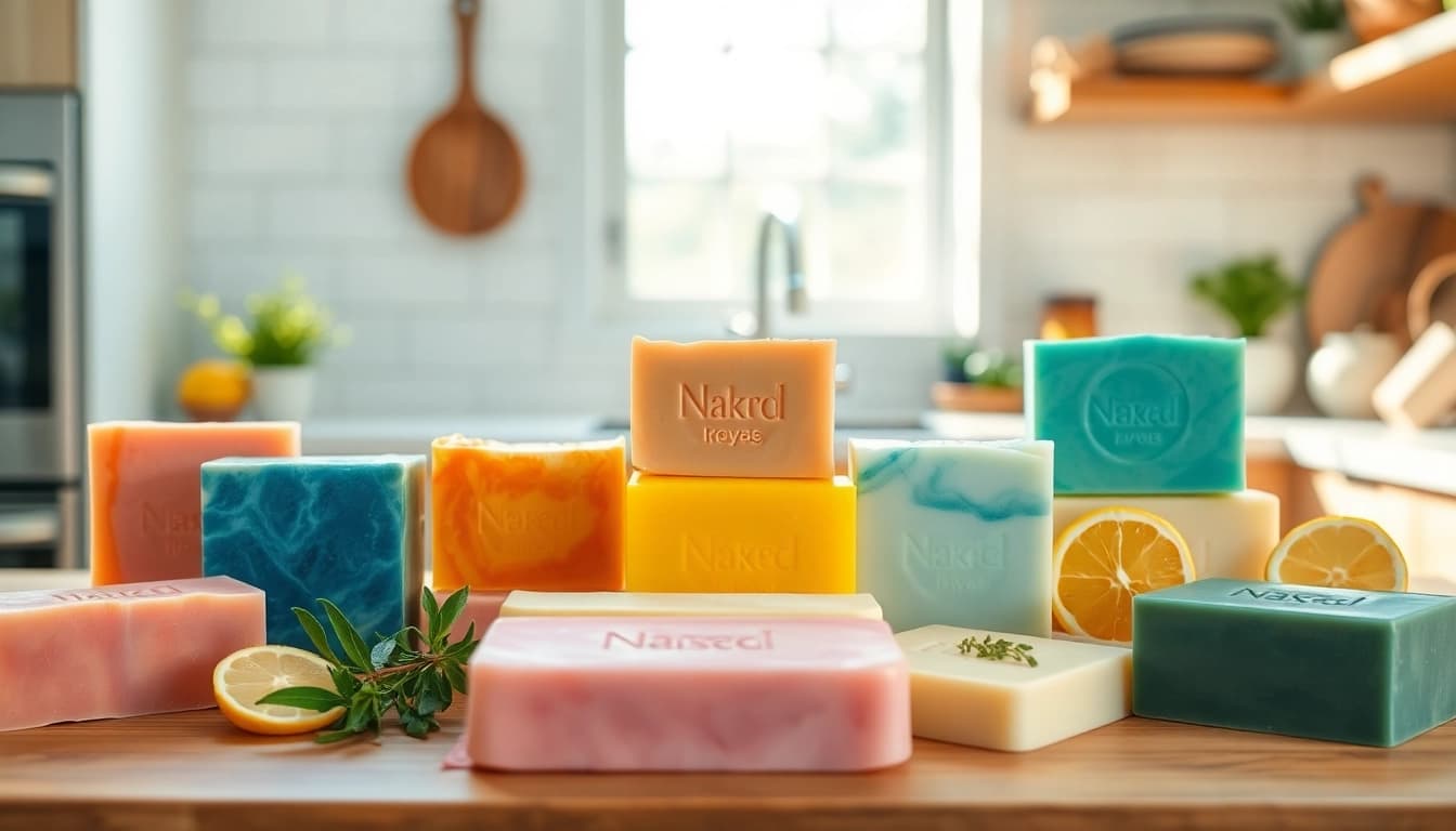 Showcasing customized soap bars with vibrant colors and unique designs on a kitchen countertop.