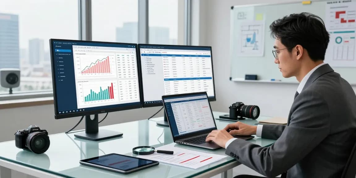 Financial crime intelligence analysis in a modern office with data graphs and reports.
