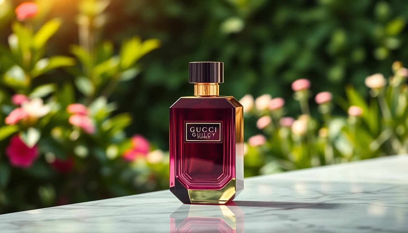 Admire Gucci Guilty Eau de Parfum Intense, showcasing its luxurious design against a vibrant backdrop.