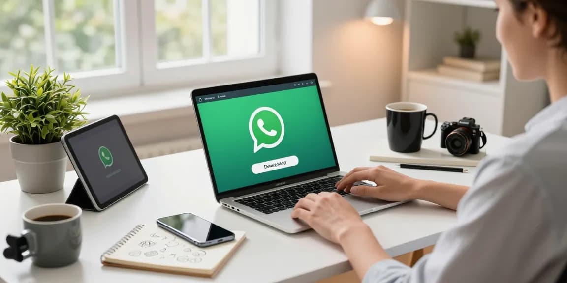 Downloading WhatsApp下載 on a modern laptop in a bright home office.
