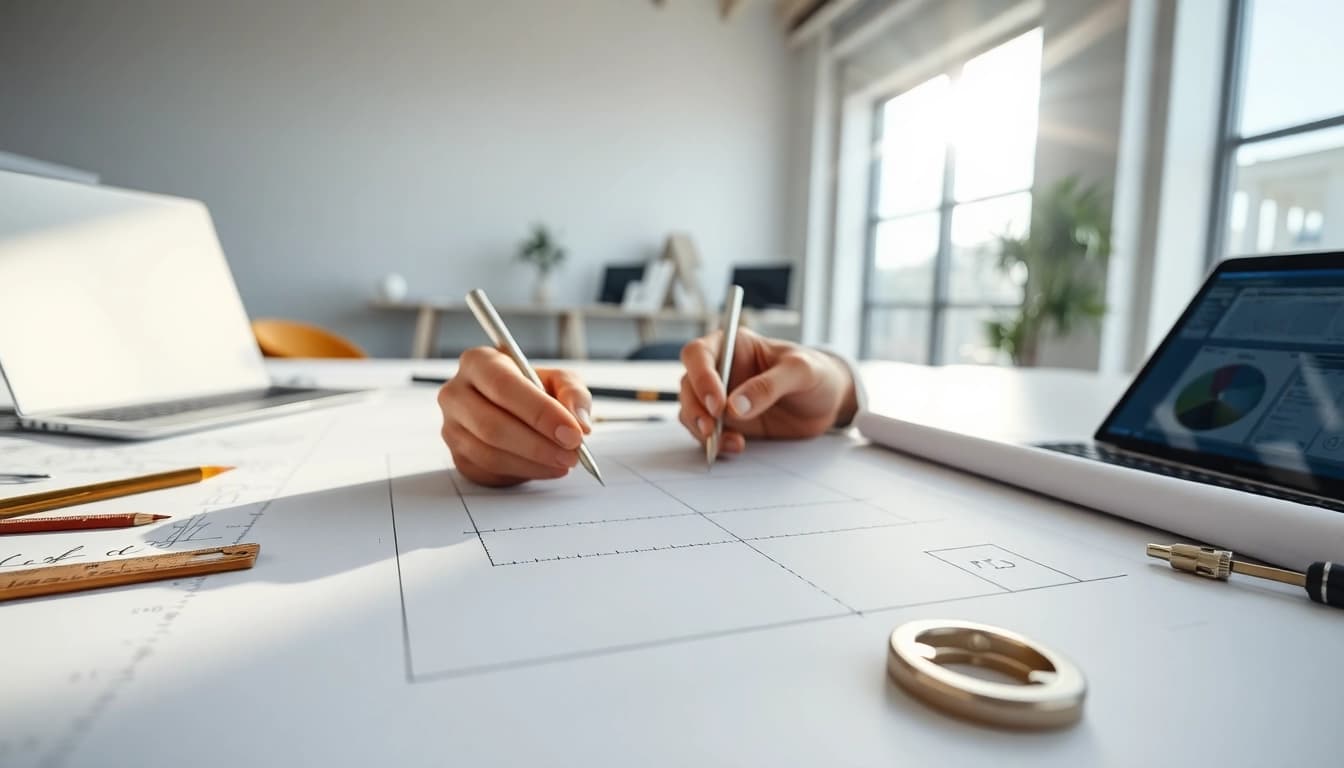 Analyze the Shear and Moment Diagram with detailed notations and blueprints on an engineer's desk.