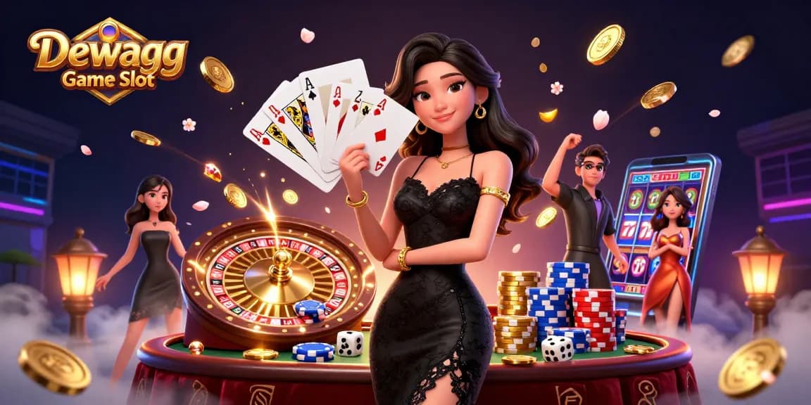 Engaging scene highlighting Dewagg Game Slot with an elegant woman in a casino, dazzling elements surrounding her.