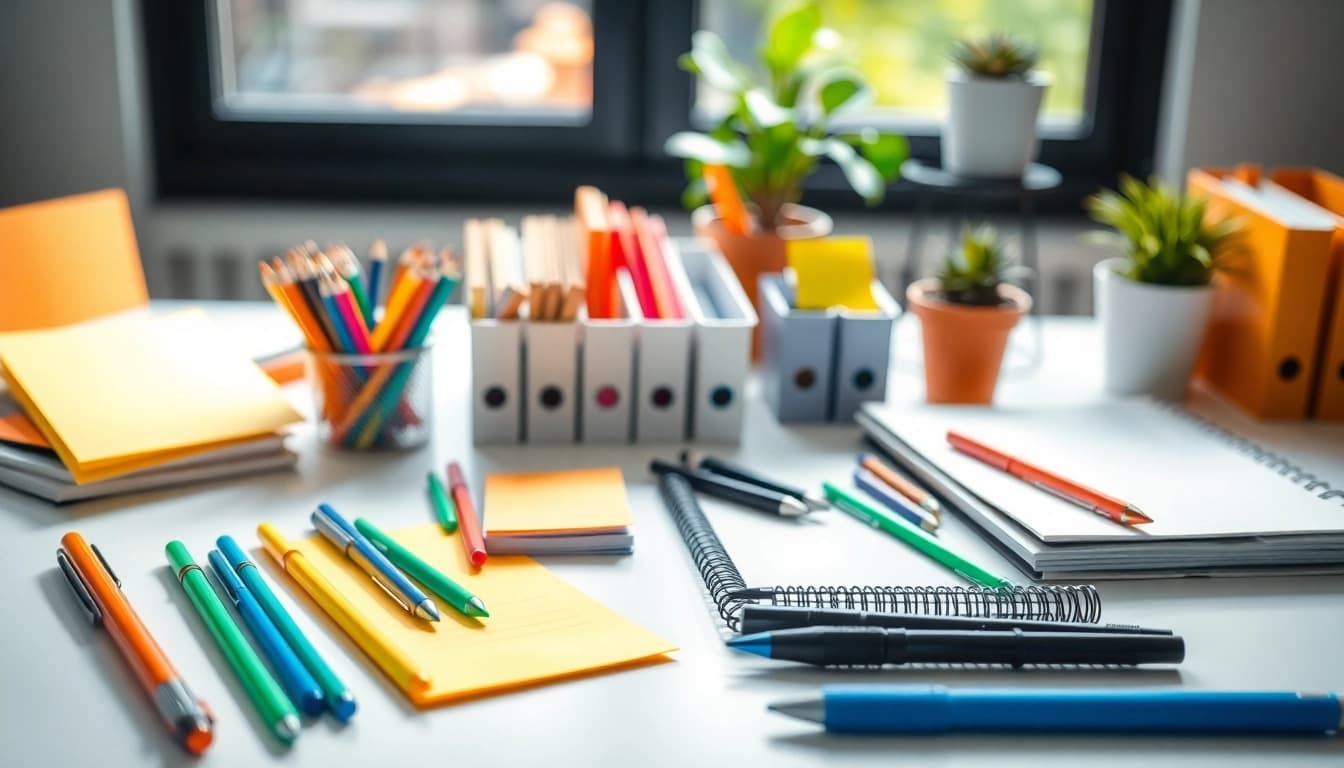 Browse vibrant office stationery supplies arranged elegantly on a bright desk.