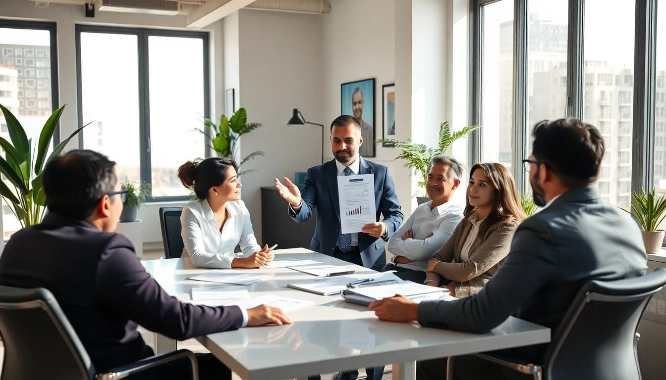 Engaged financial advisor San Antonio discussing strategies with diverse clients in a bright office.