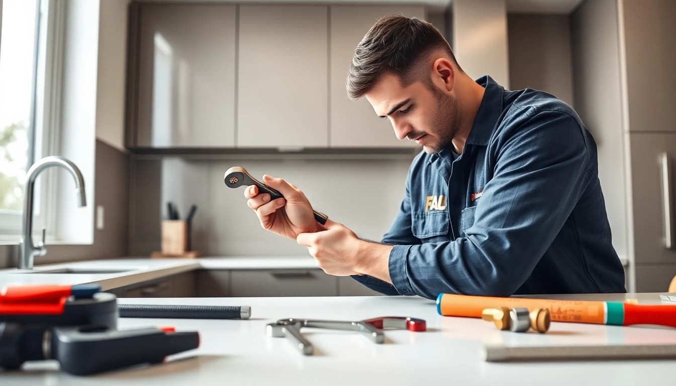 Plumber installing pipes in a modern kitchen with bright lighting and professional tools.