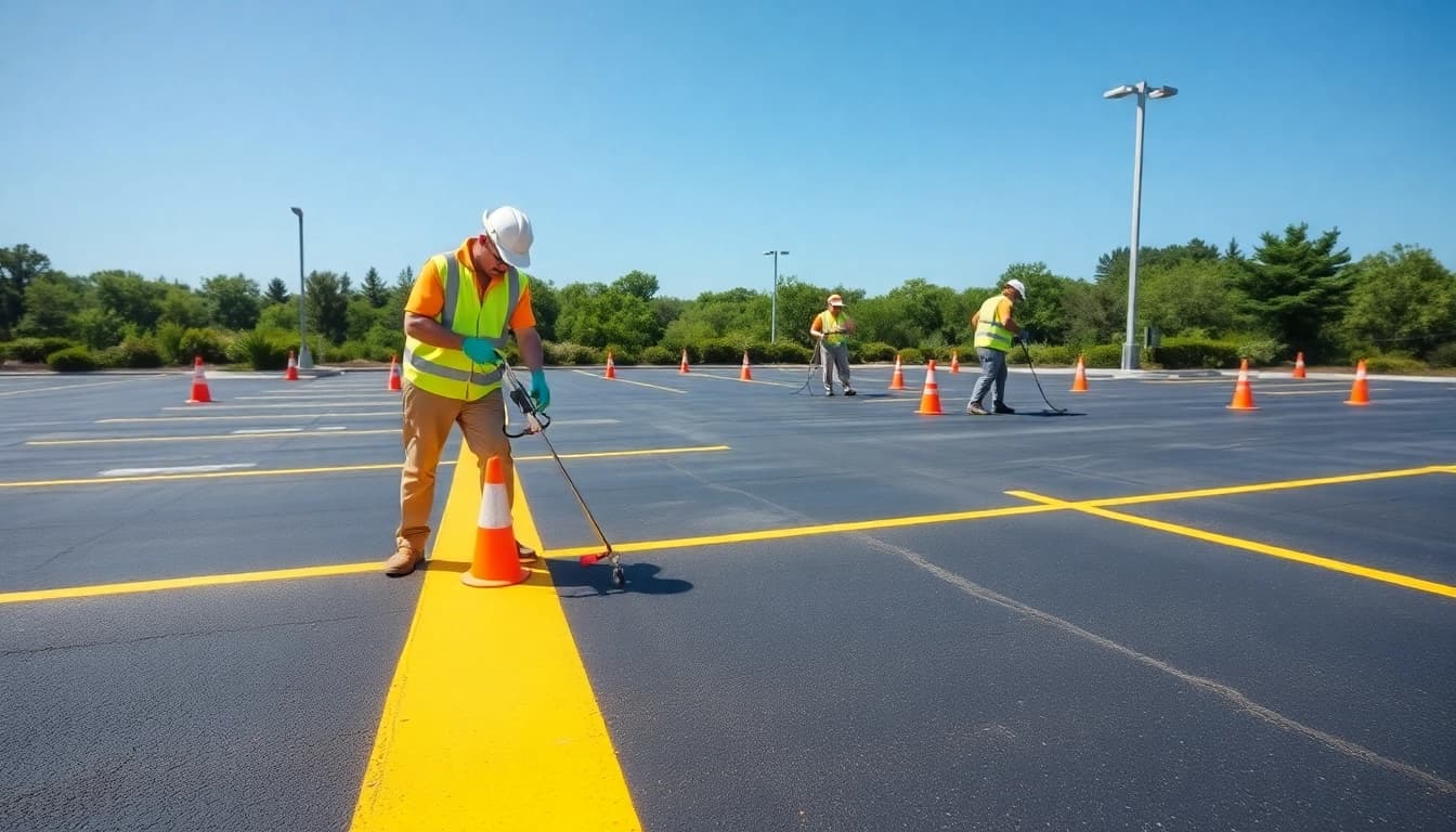 Painting fresh lines for Commercial parking lot striping near me with skilled professionals and safety equipment.