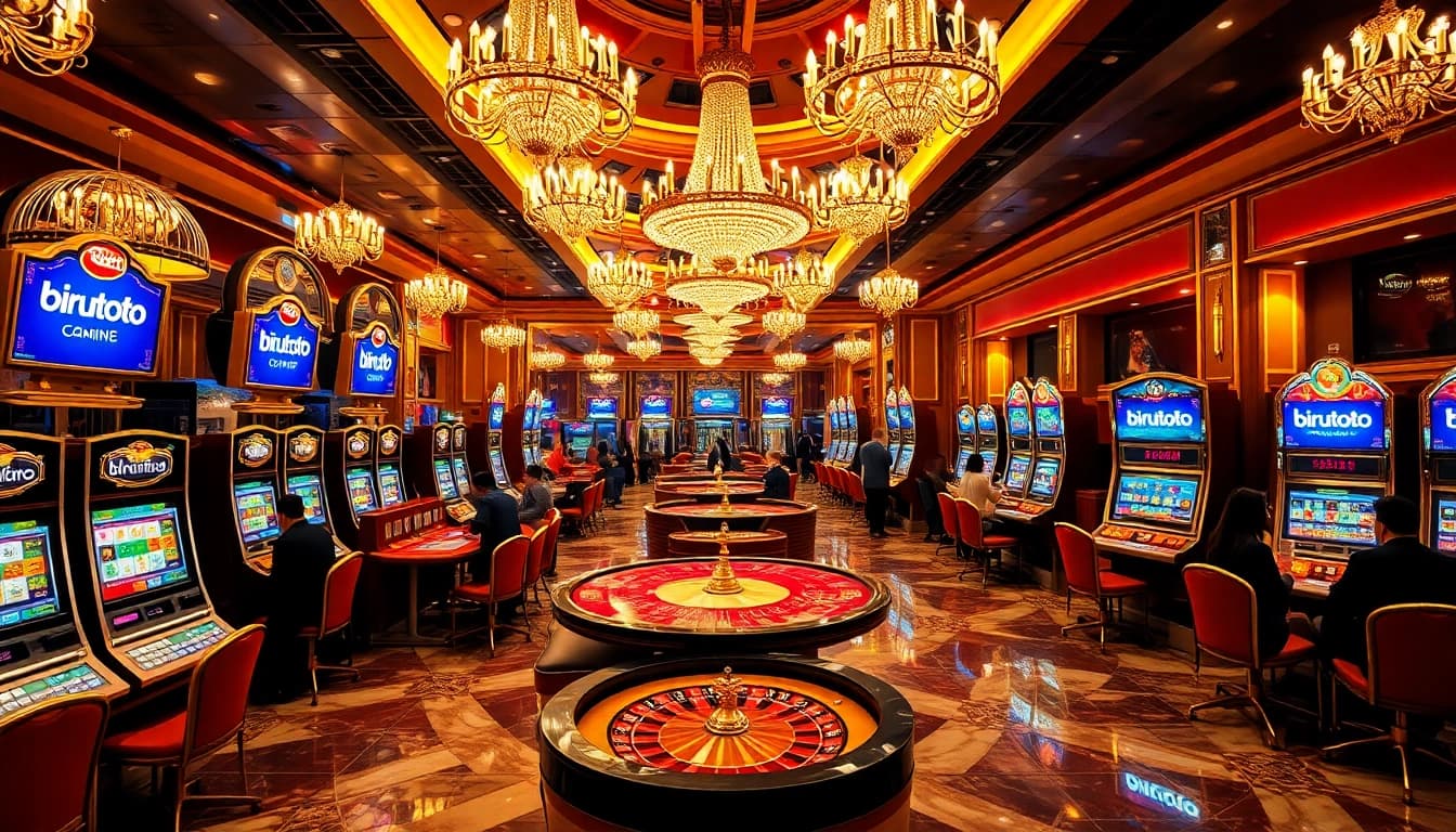 Birutoto players enjoying vibrant slot machines and thrilling roulette tables in a luxury casino.