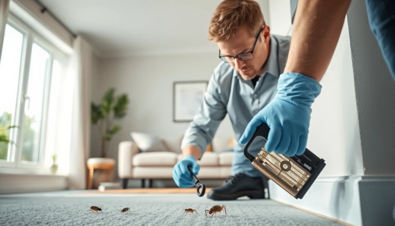 Silverfish removal service expert inspecting a home for silverfish in a clean living room.