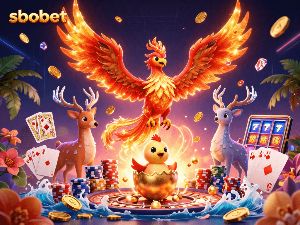 Experience thrilling sports betting with sbobet's dynamic scene featuring a phoenix and treasures.