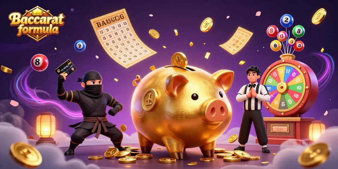 Engaging Baccarat formula illustration featuring characters depicting gambling action and exciting game elements.