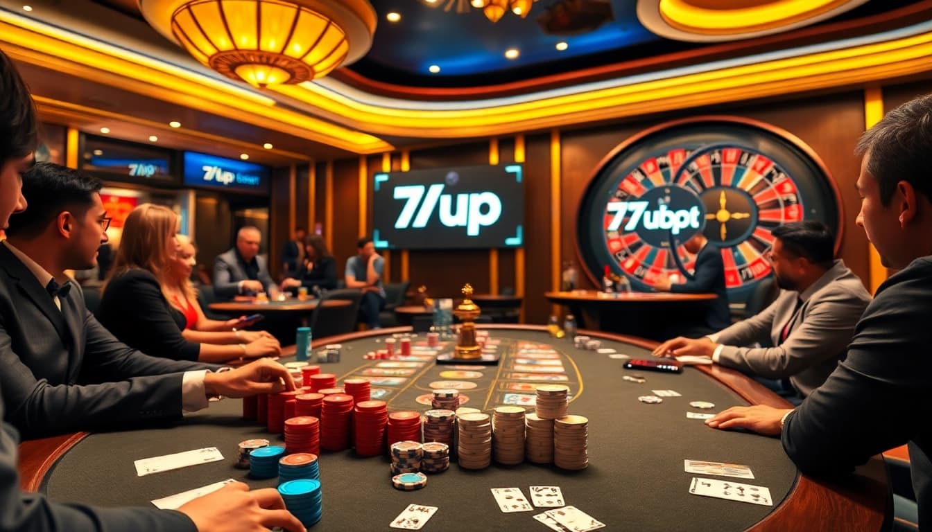 Players enjoying a thrilling poker game at a glamorous casino table featuring the 7upbet logo.