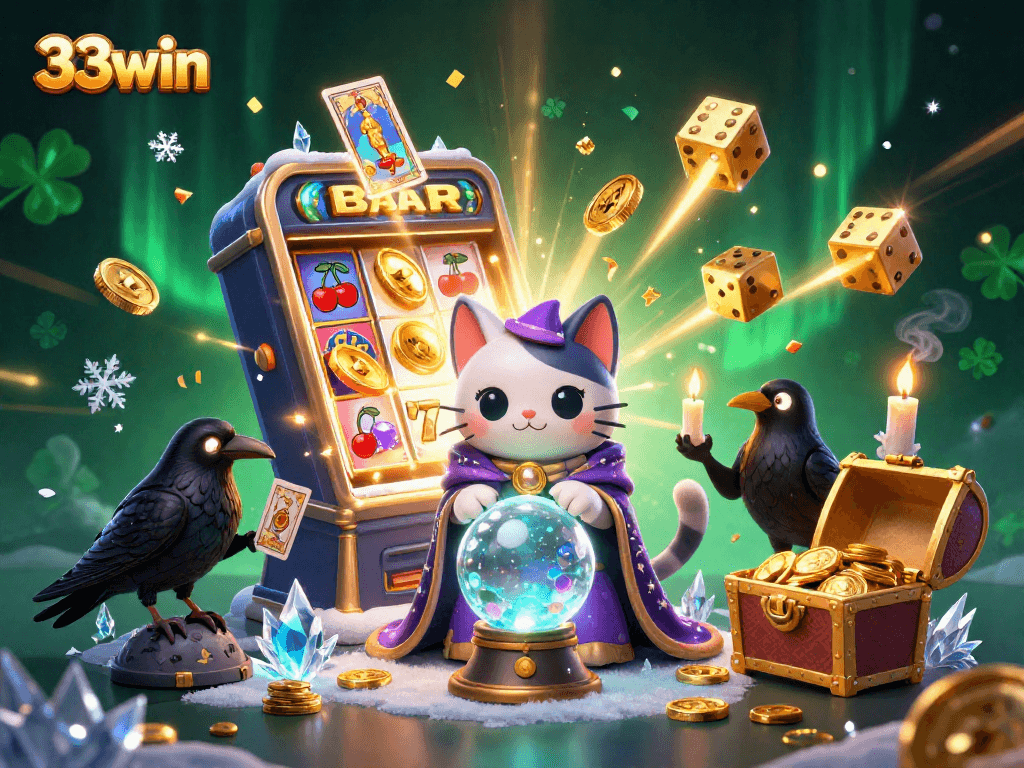 33win vibrant illustration showcasing a mystical slot scene filled with winning symbols and enchanting characters