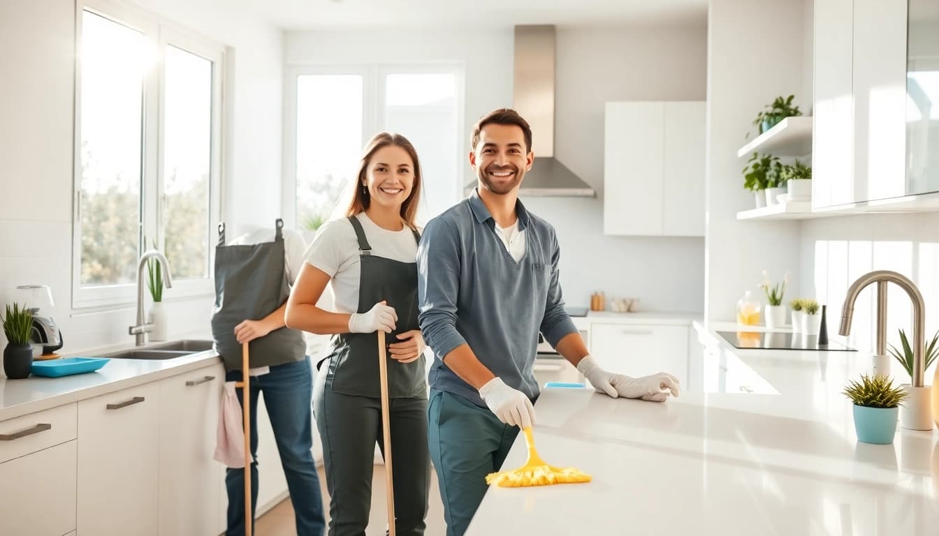 Cleaning services calgary delivered by cheerful professionals in a bright, organized kitchen.