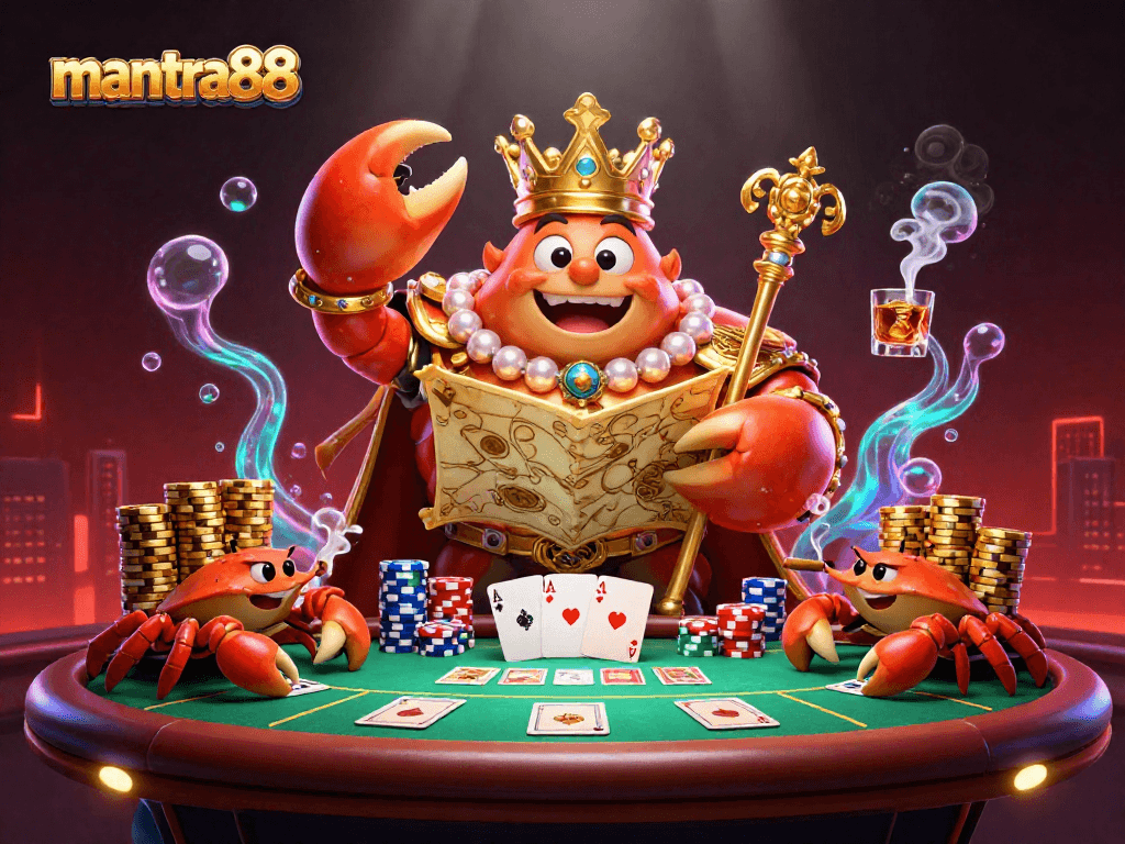 Engage in thrilling gaming adventures at mantra88 with a majestic golden crab emperor and vibrant casino elements.
